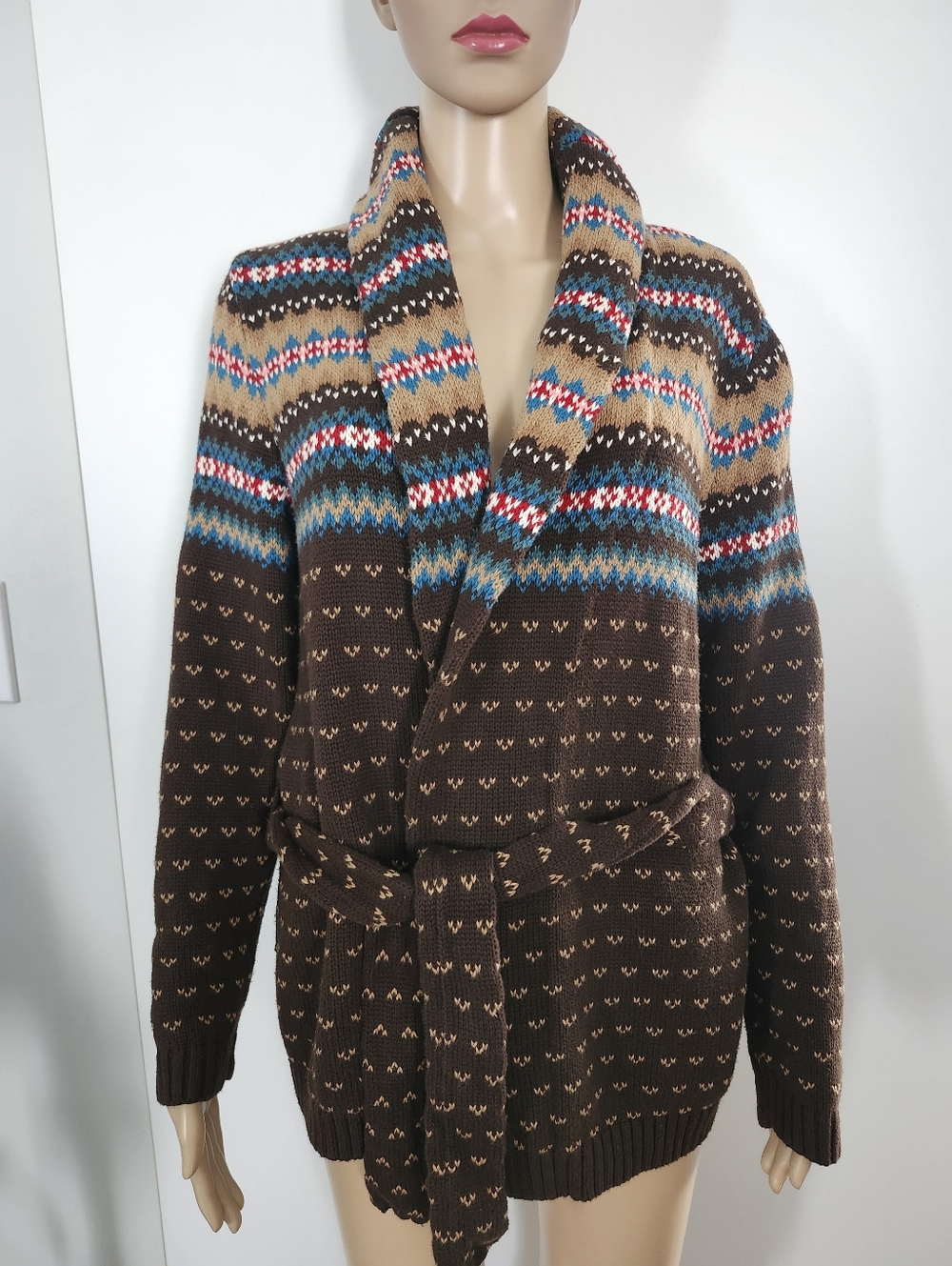 CHAPS Womens Fair Isle Aztec Shawl Collar Belted Cardigan Sweater Medium Petite